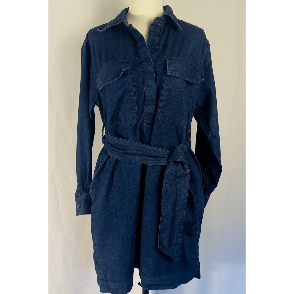 BANANA REPUBLIC Denim Mini Pockets Belt Shirtdress Blue Utility Sz M - Picture 3 of 10